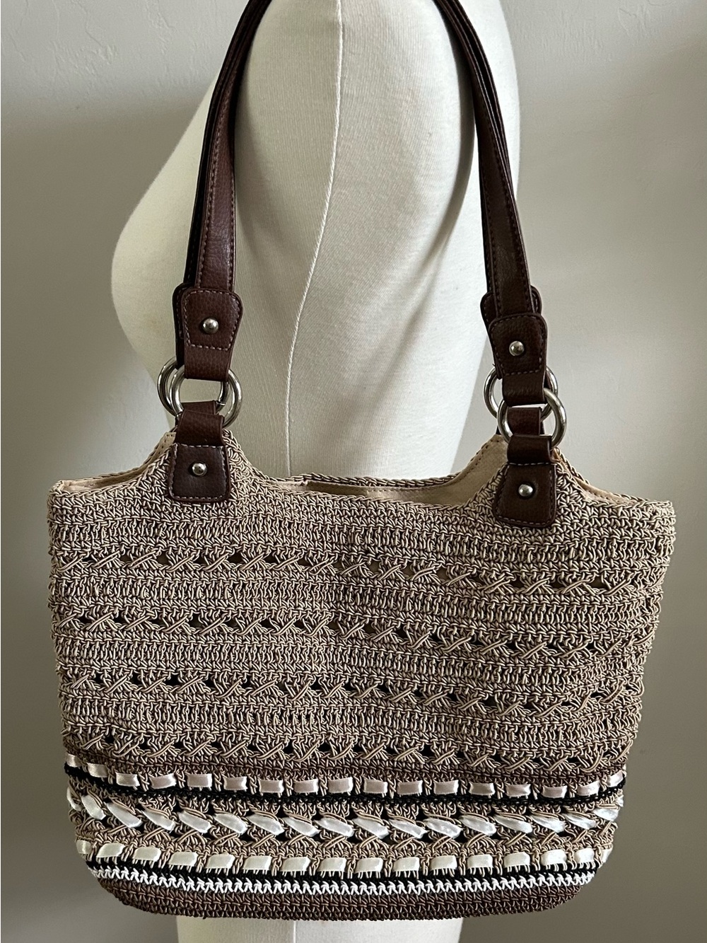 Stylish Brown Crochet Shoulder Bag Purse Boho AestheticTote Min-Bag Neutral